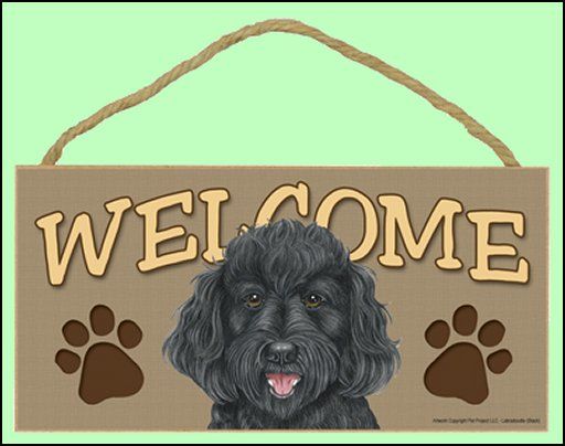 Labradoodle Dog (Black) 10 x 5 Wooden Welcome Sign  