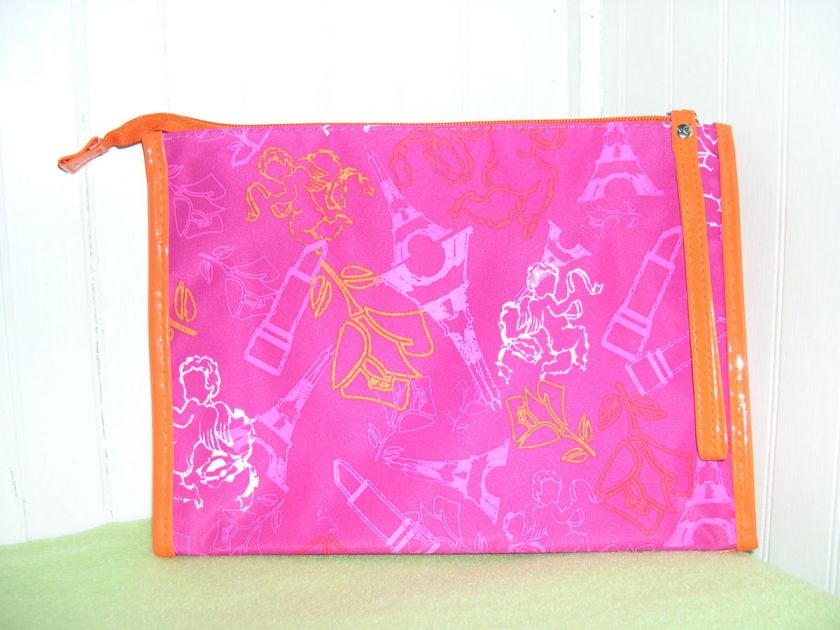Lancome PINK EIFFEL TOWER PRINT Cosmetic Makeup Bag Clutch with Orange 