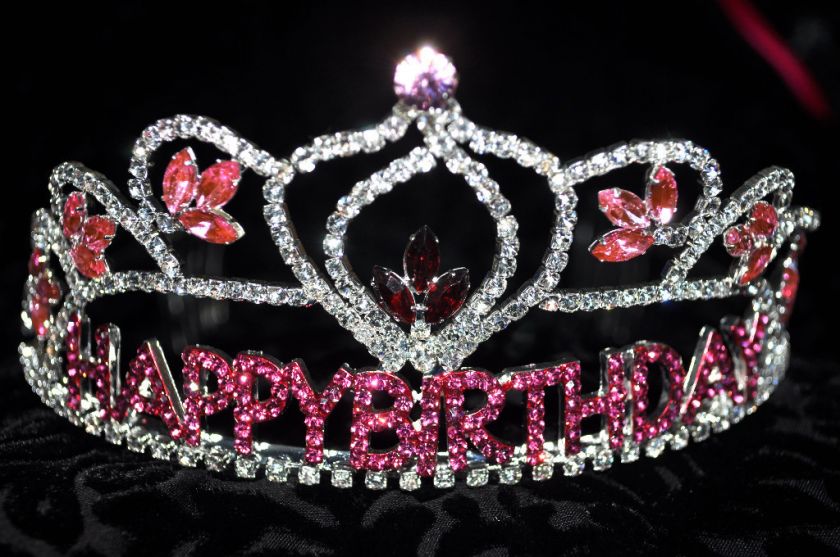 Pink happy birthday Party Crystal Crown Headband girl one size fit all 