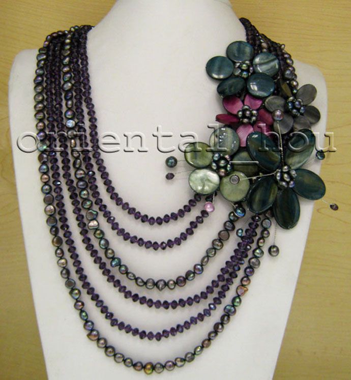 Beautiful Black FW Pearl&Purple Crystal&Shell Flower Jewelry Necklace 