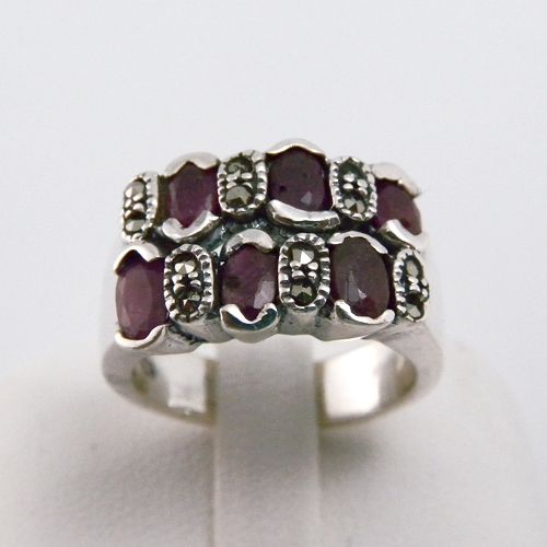 Genuine Red Ruby Marcasite 925 Sterling Silver Ring Sz7  