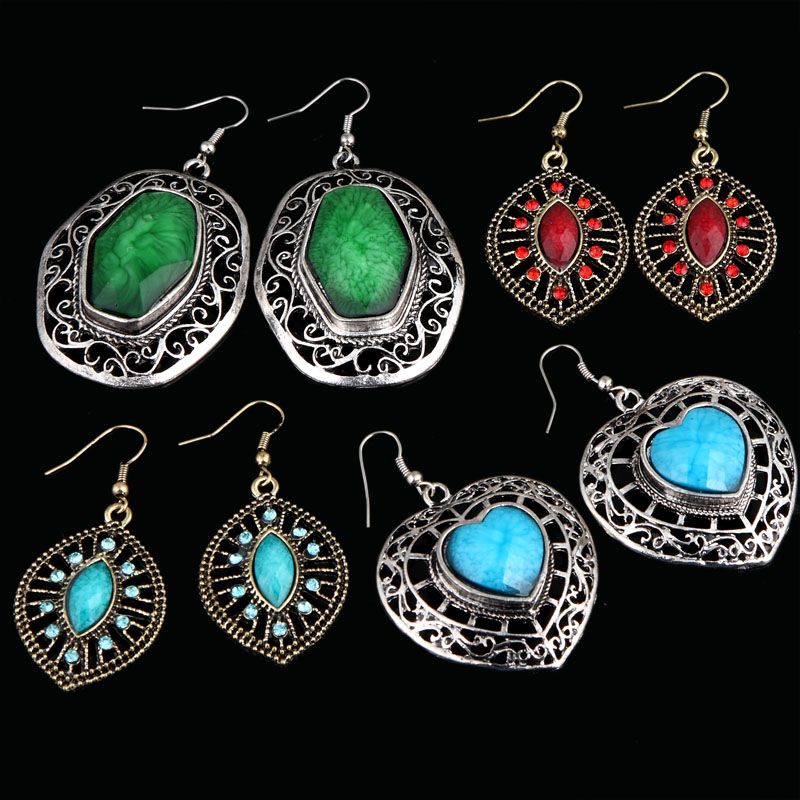 pair retro tibet silver alloy gold tone agate bead dangle earring 