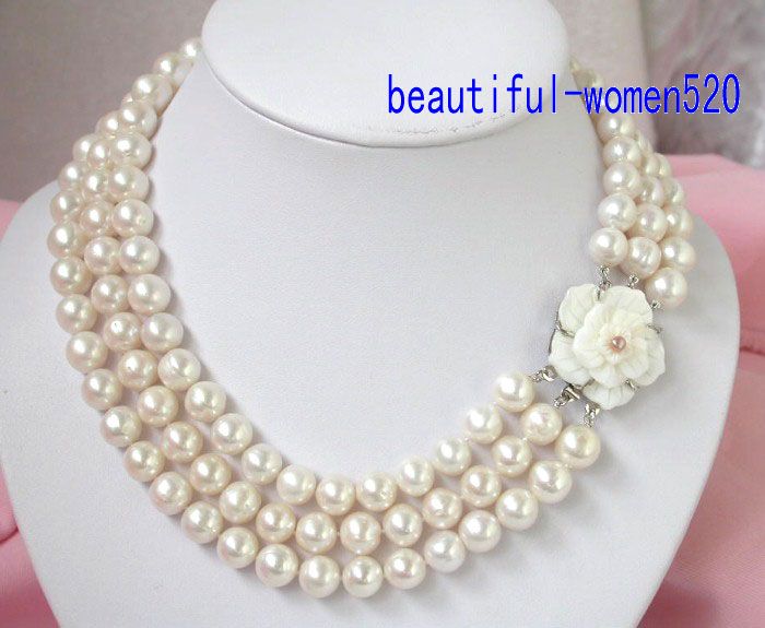 Big 11mm 3Strands White Pearl Necklace cameo Clasp  