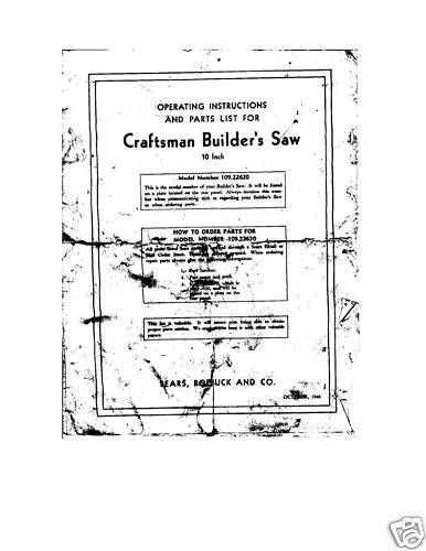  Craftsman Table Saw Manual Model # 109.22620  