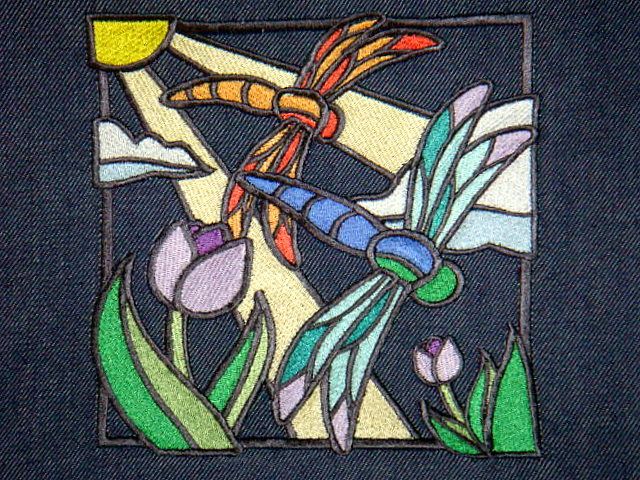 Stained Glass Dragonflies Embroidered Navy Blue Tote Bag  